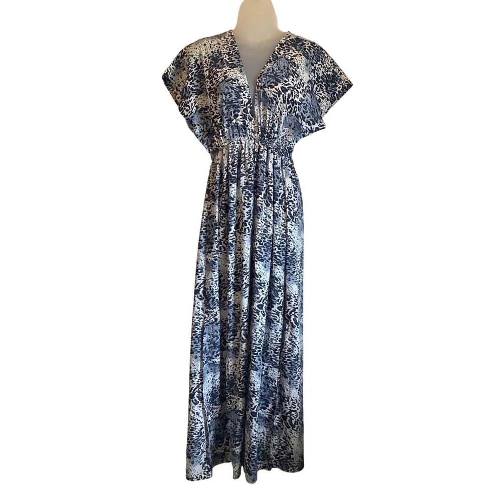 Kendall + Kylie Blue Animal Print Maxi Dress V-Neck‎ Elastic Waist Small NEW